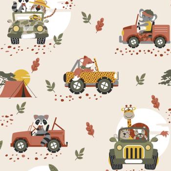 Baumwoll Jersey Druck Tiere auf Safari auf Beige